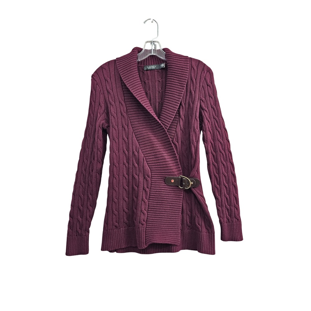 Lauren Ralph Lauren Cardigan Womens Medium Burgundy Cable Knit Buckle Shawl Neck